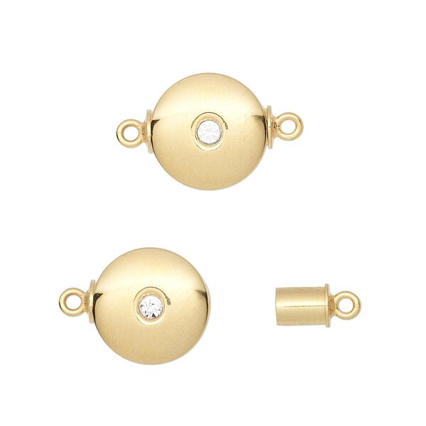 Clasp, magnetic, cubic zirconia and gold-plated brass, clear, 12mm flat round. Sold individually. image number 0