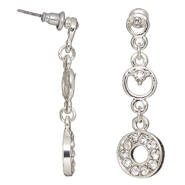 Earring, glass rhinestone / stainless steel / antique silver-finished "pewter" (zinc-based alloy), 1-1/2 inches with circles and post. Sold per pair. image number 0