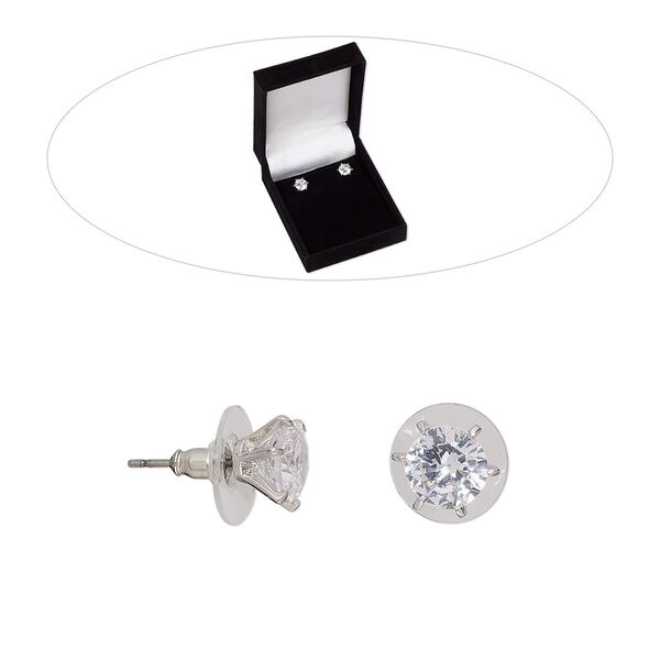 Earring, cubic zirconia / stainless steel / rhodium-finished brass, clear, 9mm round with post. Sold per pair. image number 0