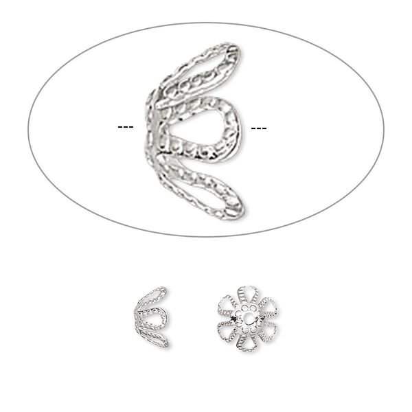 Bead cap, silver-plated brass, 7x4mm flower, fits 7-9mm bead. Sold per pkg of 500. image number 0