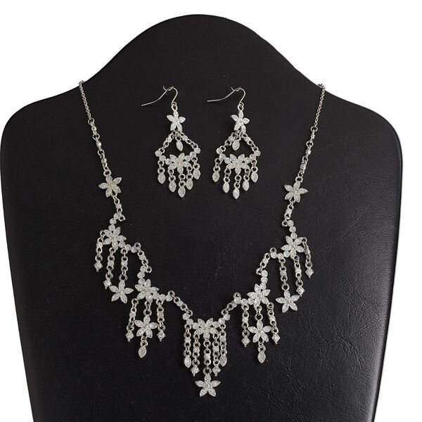 Necklace and earring set, epoxy and rhodium-finished "pewter" (zinc-based alloy), white with glitter, flower, 18-inch necklace with 3-inch extender chain and lobster claw clasp, 2-1/2 inch earrings with fishhook ear wire. Sold per set. image number 0