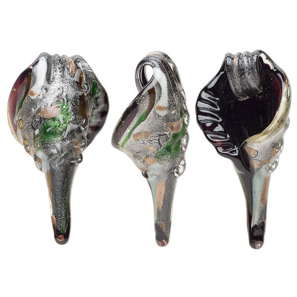Focal, lampworked glass, multicolored, 3x1 to 3-1/2 x 1-1/2 inch textured shell with copper-colored glitter and silver-colored foil. Sold individually. image number 0