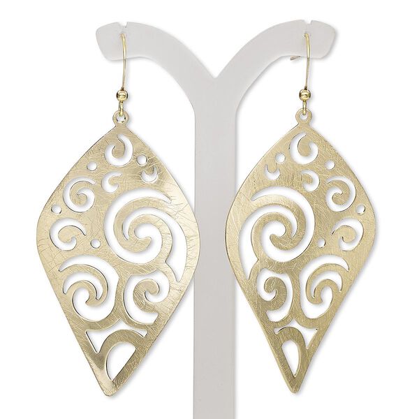 Earring, gold-finished steel and brass, 2-3/4 inches with brushed wavy diamond and swirl cutout design with fishhook ear wire. Sold per pair. image number 0