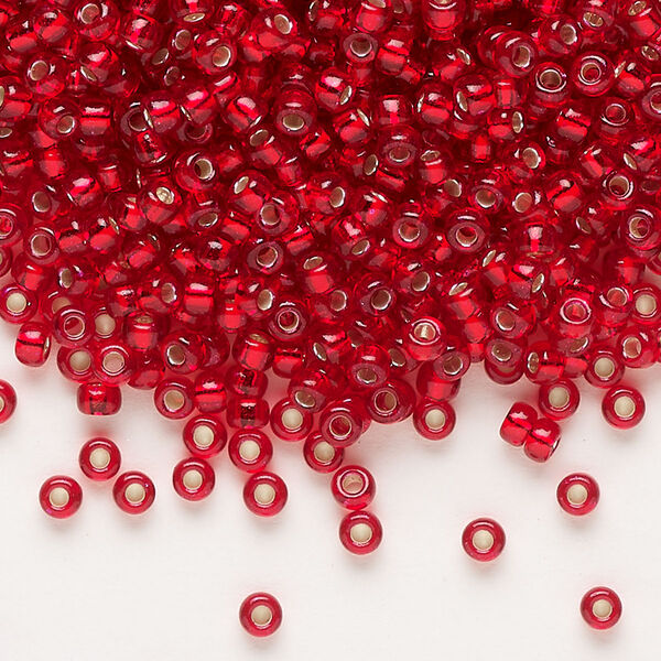 Seed bead, Miyuki, glass, pkg/250g, #8 rocaille, transparent silver-lined red, (RR-1419). image number 0