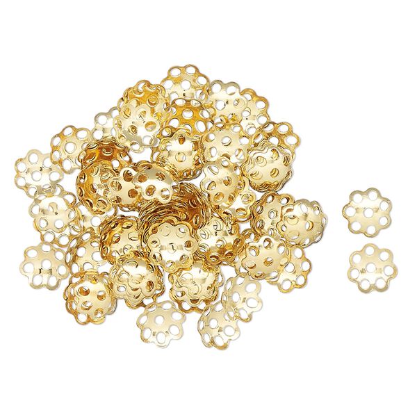 Bead cap, gold-finished brass, 6mm flower with cutouts, fits 5-7mm round beads. Sold per pkg of 100. image number 0