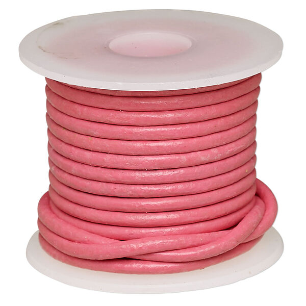 Cord, leather (dyed), pink, 2-2.2mm round. Sold per 5-yard spool. image number 0