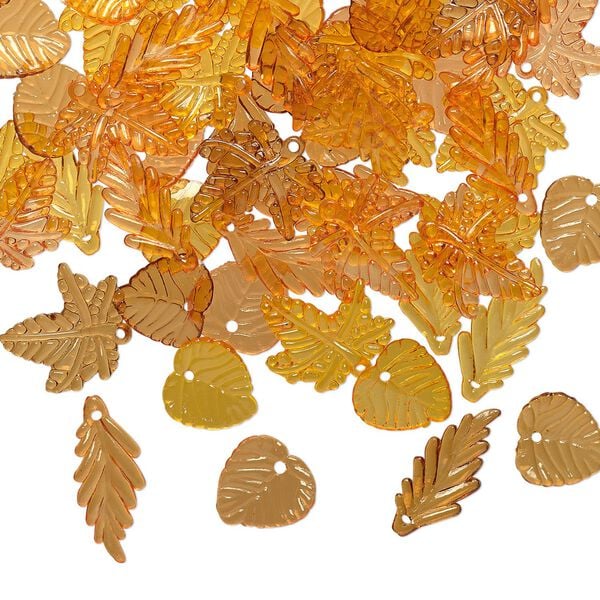 Drop mix, acrylic, transparent yellow / orange / brown, 15x15mm double-sided round leaf / 21x20mm double-sided oak leaf / 25x11mm double-sided long leaf. Sold per 1/8 pound pkg, approximately 250 drops. image number 0