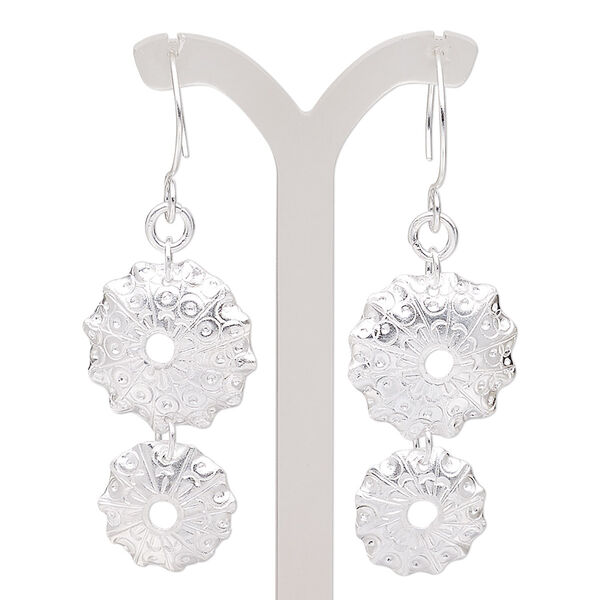 Earring, Hill Tribes, silver-plated copper, 3 inches with double domed round and fancy design with French hook ear wire. Sold per pair. image number 0