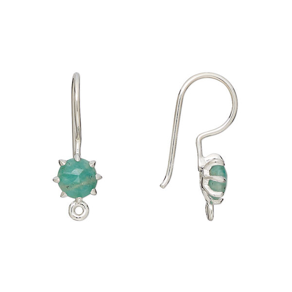 Ear wire, amazonite (natural) and sterling silver, 22mm fishhook with 7.5mm hand-cut faceted round and closed loop, 19 gauge. Sold per pair. image number 0