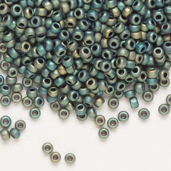 Seed bead, Miyuki, glass, pkg/50g, #8 rocaille, opaque matte metallic iris green patina (RR-2067). image number 0