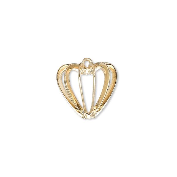 Drop, gold-plated brass and steel, 14mm heart bead cage. Sold per pkg of 20. image number 0