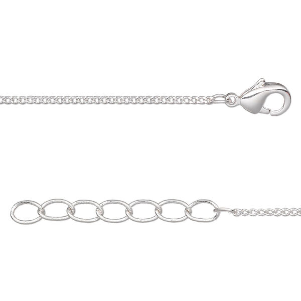 Chain, silver-plated brass, 1mm curb, 24 inches with 1-1/4 inch extender chain and lobster claw clasp. Sold per pkg of 2. image number 0