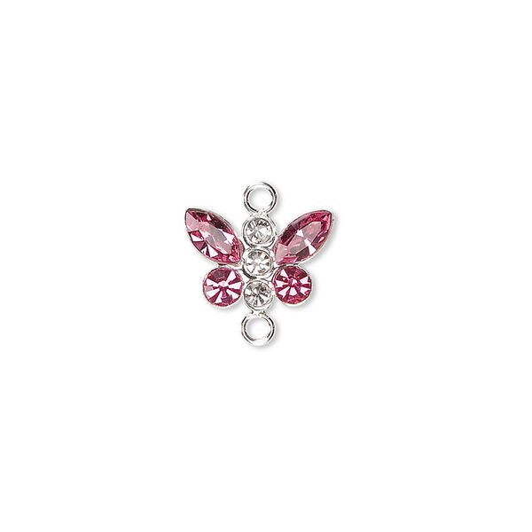 Link, crystals and sterling silver, crystal clear/rose, 12x8mm butterfly. Sold individually. image number 0