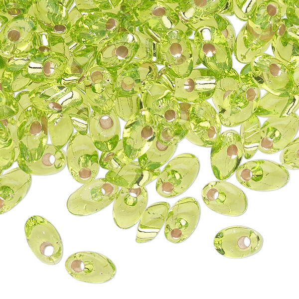 Seed bead, Miyuki, glass, pkg/50g, 7x4mm long magatama, transparent silver-lined lime green (LMA-14). image number 0
