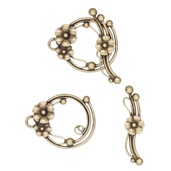 Clasp, JBB Findings, toggle, antiqued brass, 22x19mm round with flowers and balls. Sold individually. image number 0