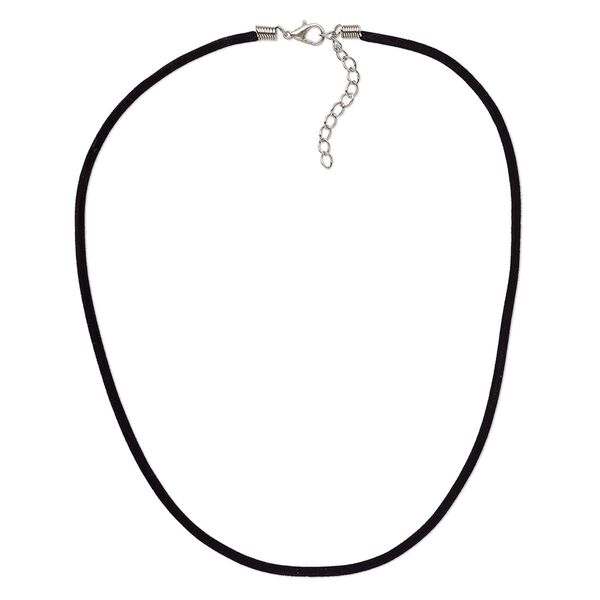 Necklace cord, velveteen with imitation rhodium-finished steel and "pewter" (zinc-based alloy), black, 3mm wide, 20 inches with 1-1/2 inch extender chain and lobster claw clasp. Sold per pkg of 3. image number 0