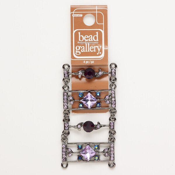 Link assortment, gunmetal-finished "pewter" (zinc-based alloy) and glass, amethyst purple / light purple / purple AB, 36x7mm fancy rectangle and 36x14mm fancy rectangle. Sold per pkg of 4. image number 0