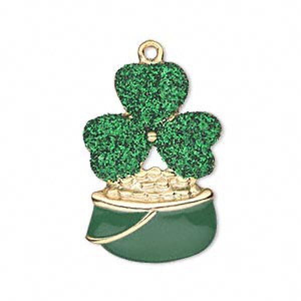 Charm, enamel and gold-finished "pewter" (zinc-based alloy), green with glitter, 29x20mm single-sided 3-leaf clover. Sold individually. image number 0