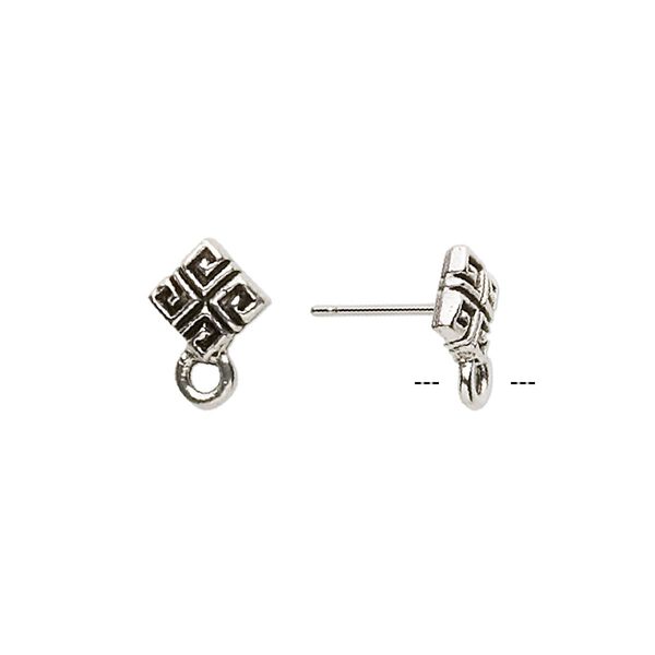 Earstud 1pkg4 antique silver-plated pewter (tin-based alloy), 8mm diamond / square pattern / closed loop, stainless steel 2 pair image number 0