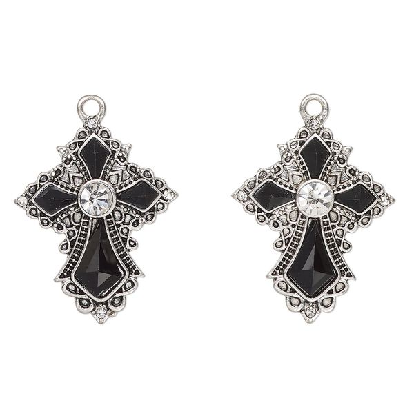 Drop, antique silver-finished "pewter" (zinc-based alloy) and glass, clear and black, 29x23mm fancy cross. Sold per pkg of 2. image number 0