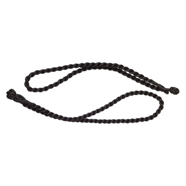 Necklace cord, satin-finished nylon, black, 5mm round twisted, 15 inches with knot closure. Sold per pkg of 2. image number 0