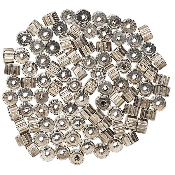 Bead, acrylic, silver, 4x3mm corrugated heishi. Sold per pkg of 100. image number 0