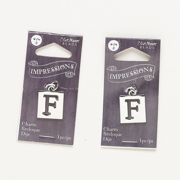Drop, silver-finished "pewter" (zinc-based alloy) and steel, 16x15mm flat square with cutout alphabet letter "F." Sold per pkg of 2. image number 0