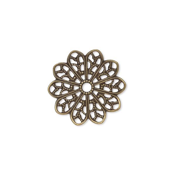 Component, antique gold-plated brass, 20mm single-sided round fancy flower with cutout design. Sold per pkg of 10. image number 0