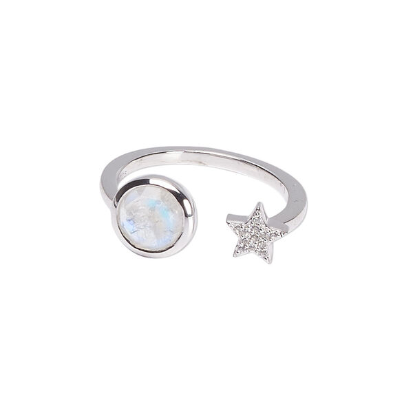 Ring Create Compliments® 1pkg1 rainbow moonstone / cubic zirconia / sterling silver, 8.5mm size 8 star / moon, size 8.clear / rhodium plate image number 0