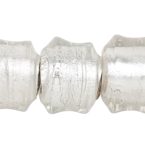 Bead, lampworked glass, transparent clear with silver-colored foil, 20x18mm-22x20mm spool with 6-9mm hole. Sold per 15-inch strand. image number 0