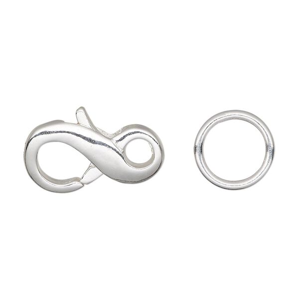 Clasp, lobster claw, silver-plated brass, 21x11mm infinity with 12mm closed jump ring. Sold per pkg of 4. image number 0
