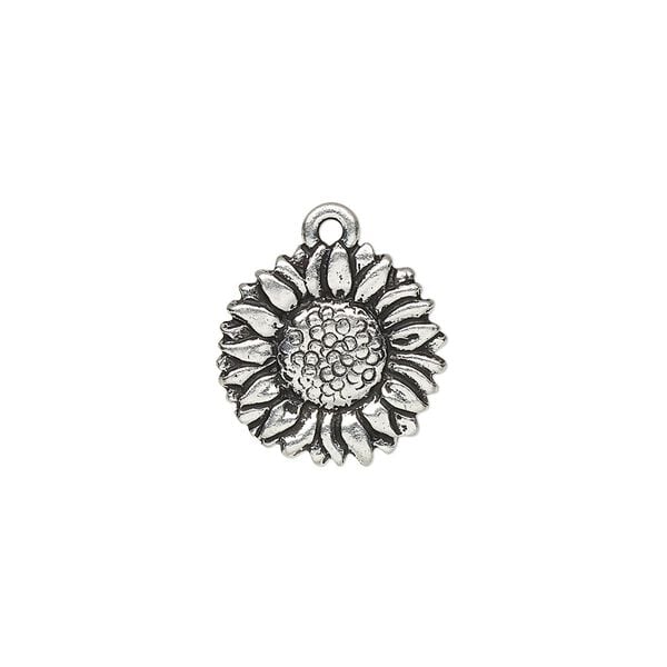 Charm, TierraCast®, antique silver-plated pewter (tin-based alloy), 15mm double-sided sunflower. Sold per pkg of 2. image number 0