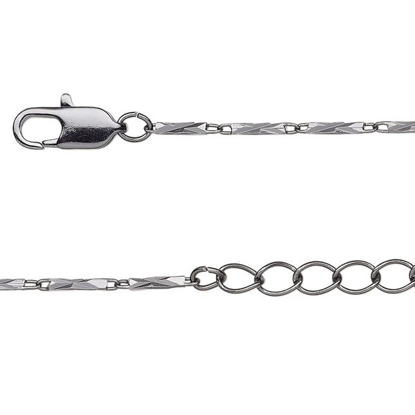 Chain, gunmetal-finished brass, 7x1.5mm diamond-cut rectangle tube, 24 inches with 1-1/4 inch extender chain and lobster claw clasp. Sold individually. image number 0