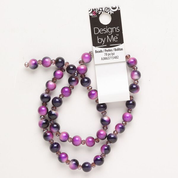 Bead assortment, glass, opaque and translucent purple / light purple / tan, 5x4mm faceted rondelle and 7mm round. Sold per pkg of 78. image number 0