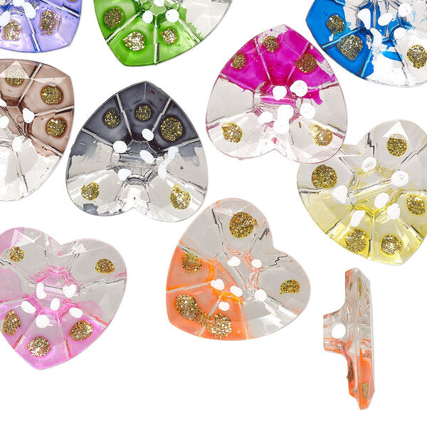 Button, acrylic, clear/white/multicolored with gold-colored glitter, 30x29mm single-sided heart with painted dots. Sold per pkg of 12. image number 0