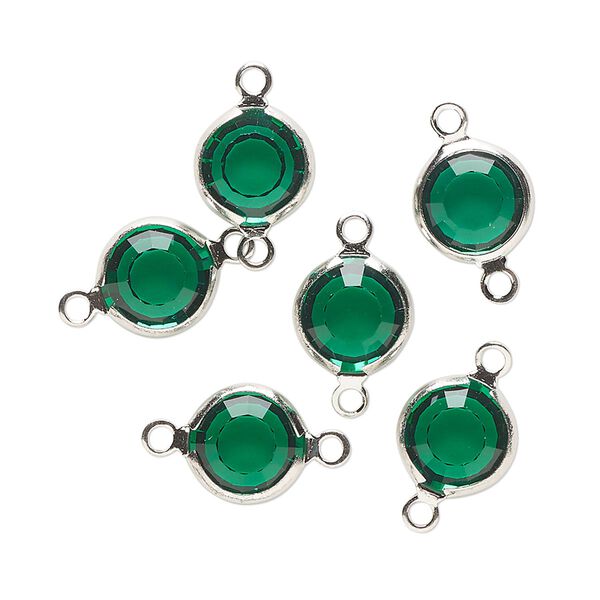 Link, Vintage Crystal™, crystal and imitation rhodium-finished brass, emerald, 9mm round. Sold per pkg of 6. image number 0