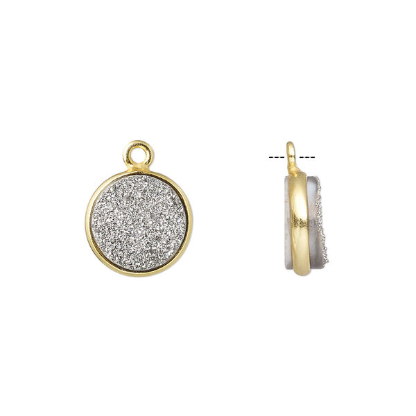 Drop, titanium- / electro-coated druzy agate (coated) / gold-finished sterling silver, silver, 11mm hand-cut single-sided flat round. Sold individually. image number 0