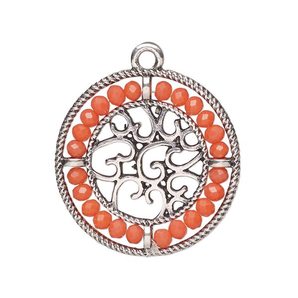 Drop, glass and antique silver-finished "pewter" (zinc-based alloy), salmon pink, 28mm round with hearts and beaded border. Sold per pkg of 2. image number 0