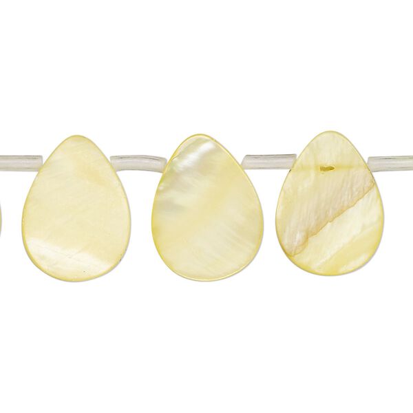 Bead, mother-of-pearl shell (dyed), yellow, 15x6mm-16x12mm top-drilled flat teardrop, Mohs hardness 3-1/2. Sold per 14-inch strand, approximately 25 beads. image number 0