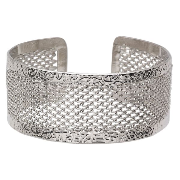Bracelet, cuff, rhodium-finished steel, 30mm wide with cutout mesh design, adjustable from 7-1/2 to 8 inches. Sold individually. image number 0