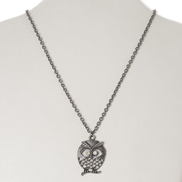 Necklace, glass rhinestone with antique silver-finished steel and "pewter" (zinc-based alloy), clear, 36x28mm owl, 18 inches with 3-inch extender chain and lobster claw clasp. Sold individually. image number 0