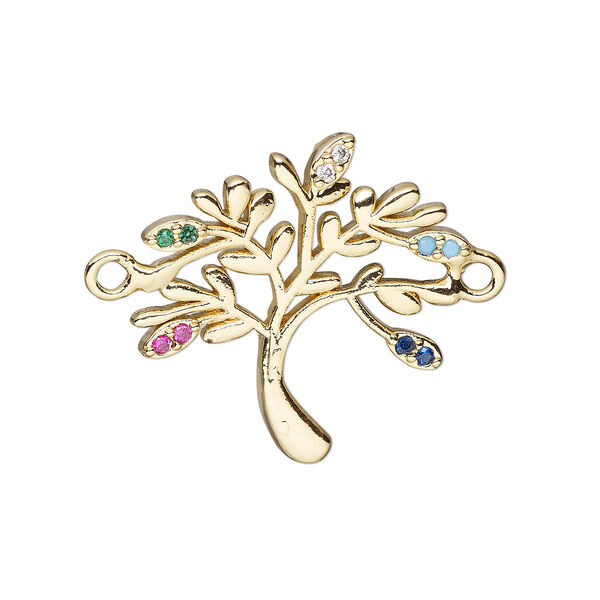 Link, cubic zirconia and gold-finished brass, multicolored, 21mm single-sided tree. Sold individually. image number 0