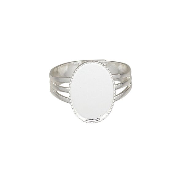 Ring, silver-plated brass, 15x11mm with 14x10mm oval setting, adjustable from size 7-8. Sold per pkg of 6. image number 0