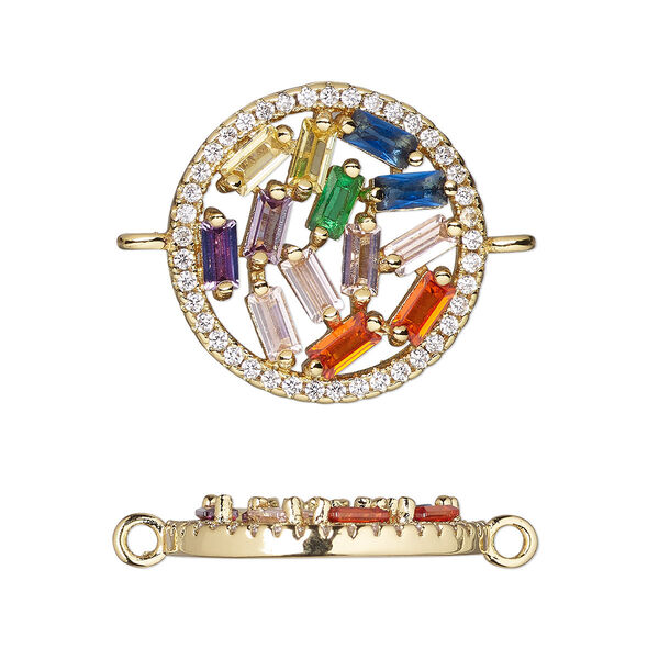 Link, cubic zirconia and gold-finished brass, multicolored, 18mm single-sided round. Sold individually. image number 0