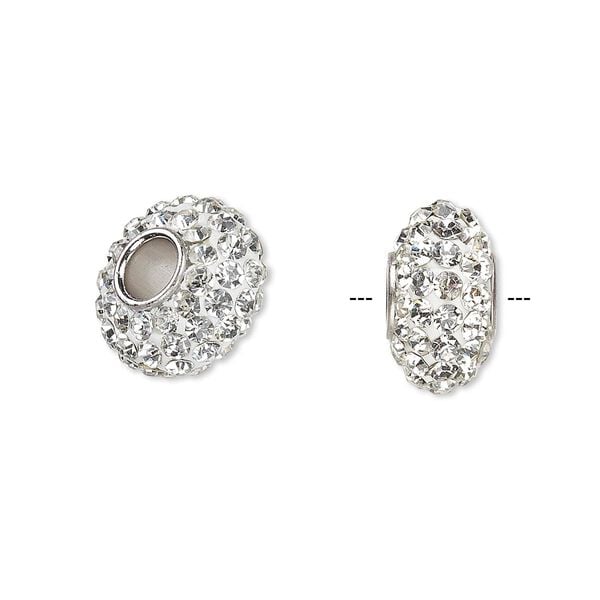 Bead, Dione®, Czech glass rhinestone / epoxy / imitation rhodium-plated brass grommet, white and clear, 13x8mm-14x8mm rondelle. Sold individually. image number 0