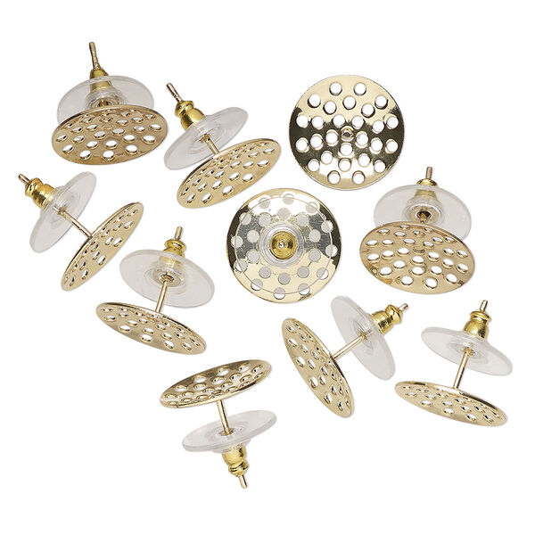Earstud, gold-finished brass and acrylic, clear, 14mm perforated disc with comfort clutch. Sold per pkg of 5 pairs. image number 0