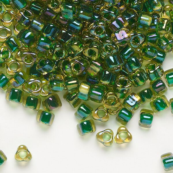 Seed bead, Miyuki, glass, transparent yellow color-lined green, (TR1165), #5 triangle. Sold per 250-gram pkg. image number 0