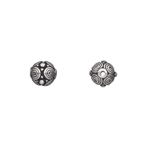 Bead, TierraCast®, antique silver-plated pewter (tin-based alloy), 8mm round with spirals and dots design. Sold per pkg of 20. image number 0