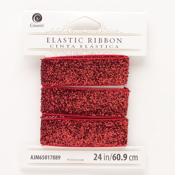 Cord, elastic, pkg/24 inches, 16mm flat, sparkle red. image number 0