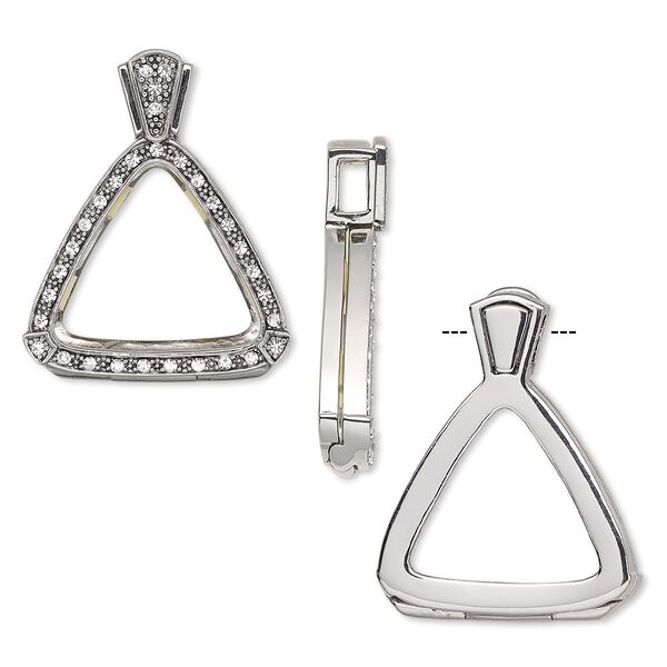 Pendant, Almost Instant Jewelry®, antique silver-plated brass / crystal / rubber, crystal clear, 37.5x30mm single-sided hinged triangle with 23mm triangle setting. Sold individually. image number 0